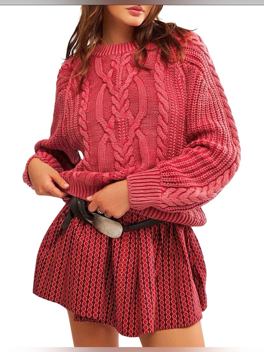 Free People Frankie Cable Knit Chunky Sweater Crew Neck Cotton Cherry Red XS